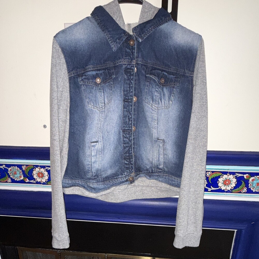 lei  Hooded Jean Jacket Blue/Gray Button Front Point Collar XXL